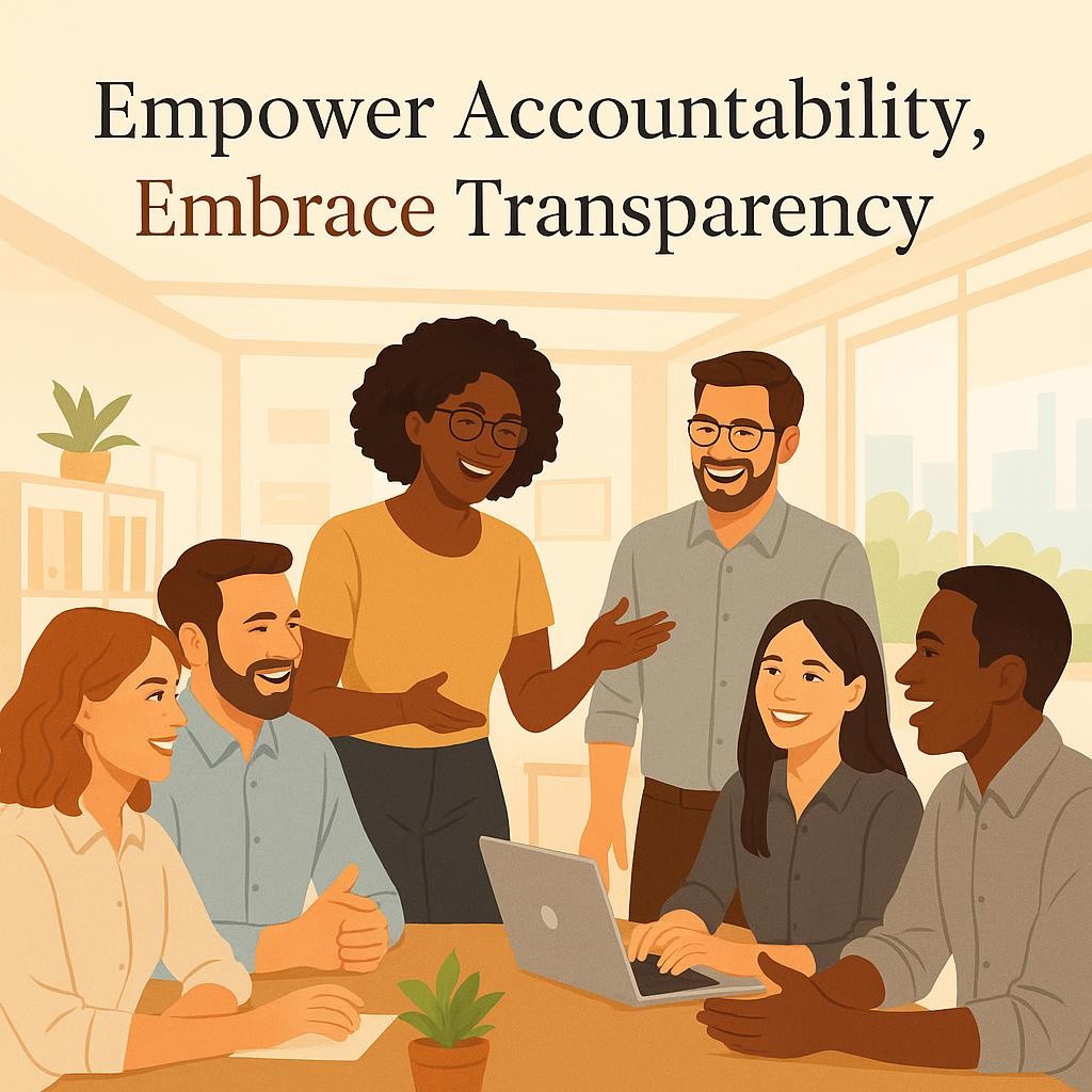 Team members collaborating in an office, showcasing positive body language and engagement during a Gemba Walk to foster accountability and transparency.