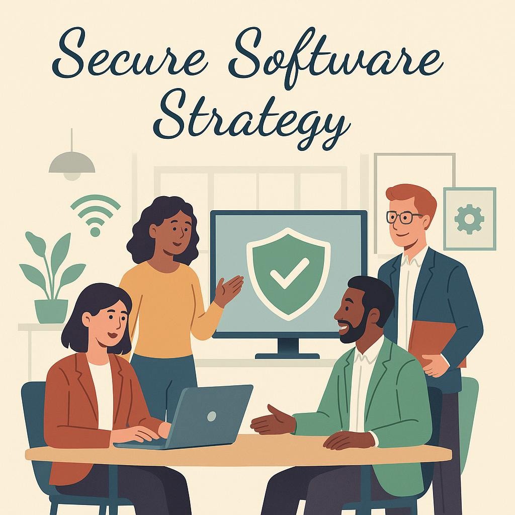 Business professionals in a modern office setting collaborate around a digital shield on a screen, symbolizing secure software development practices for business security.