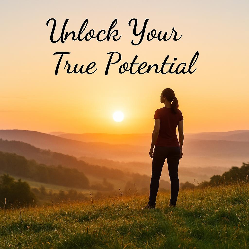 A serene landscape with a rising sun and a confident figure gazing towards the horizon, symbolizing personal growth and empowerment.