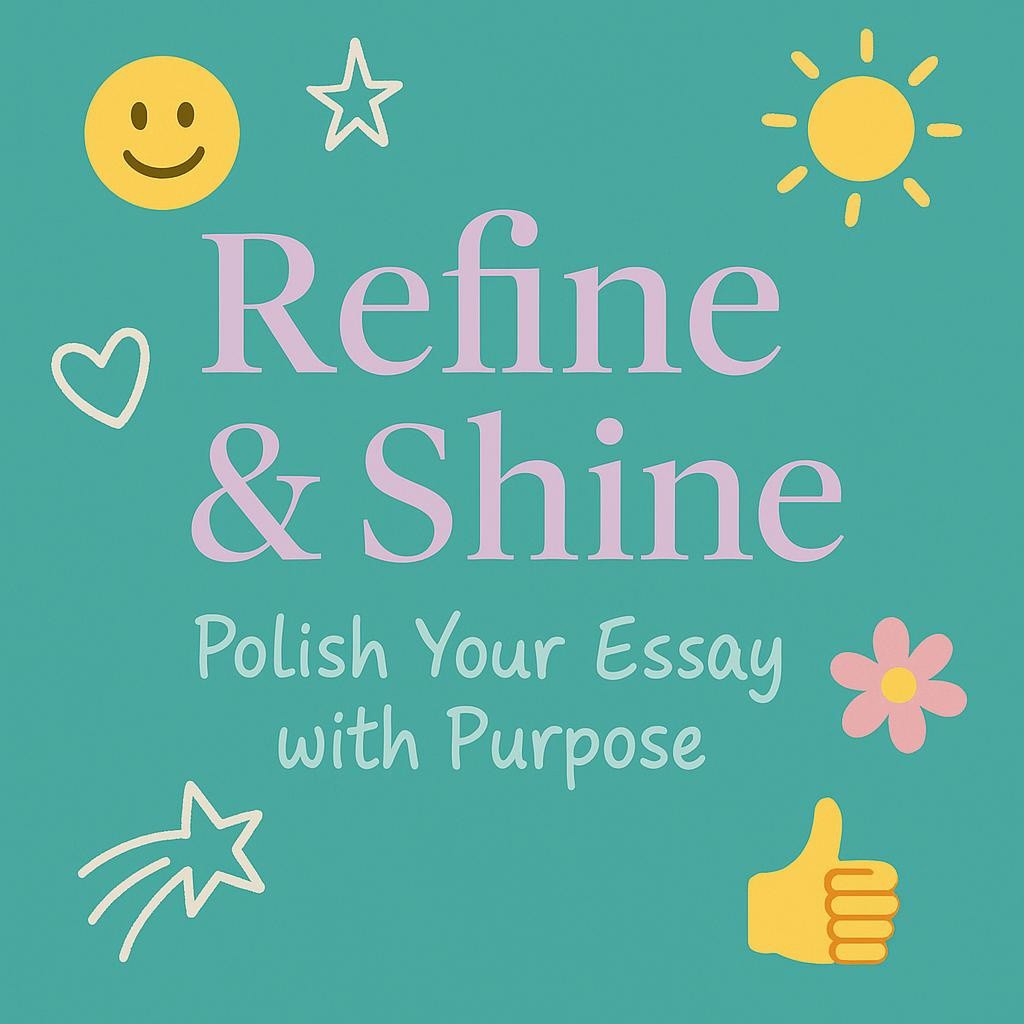 An image with doodles and emojis encouraging college applicants to refine and shine their essays with purposeful editing.