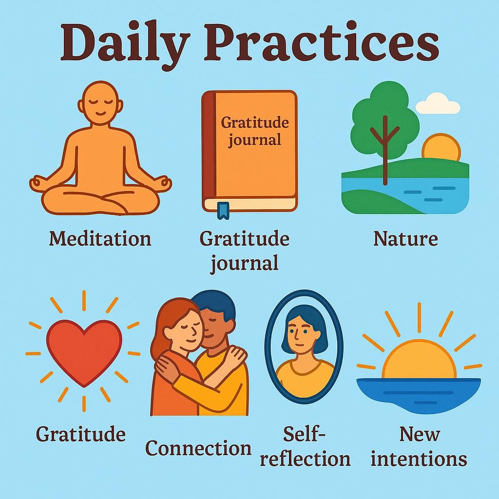 Illustration of seven elements symbolizing daily practices to elevate vibration: meditation, gratitude journal, nature, radiating heart, embrace, reflective mirror, and sunrise.