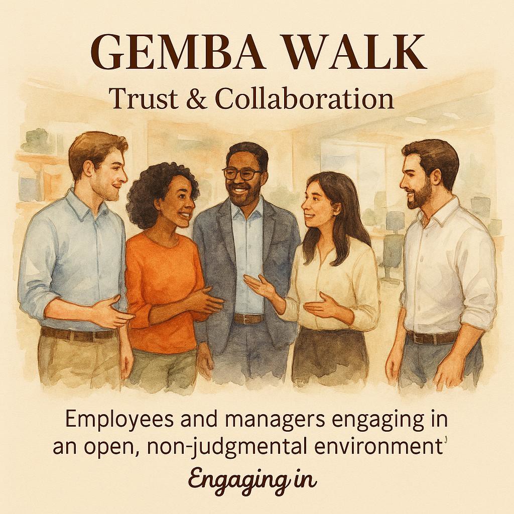Employees and managers on a Gemba Walk in a modern office, showcasing trust and collaboration through engaging and positive interaction.
