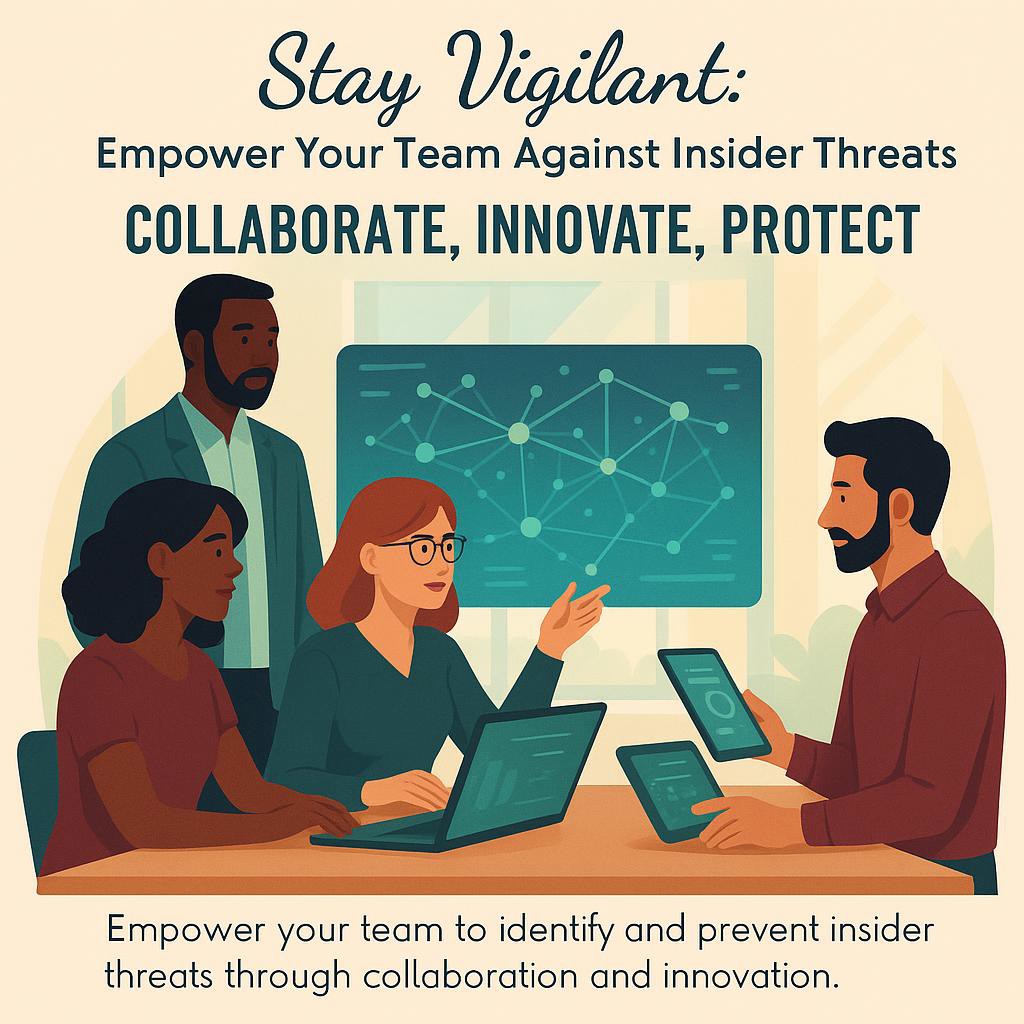 Illustration of professionals using digital tools to monitor insider threats in a bright workspace, emphasizing teamwork and vigilance.