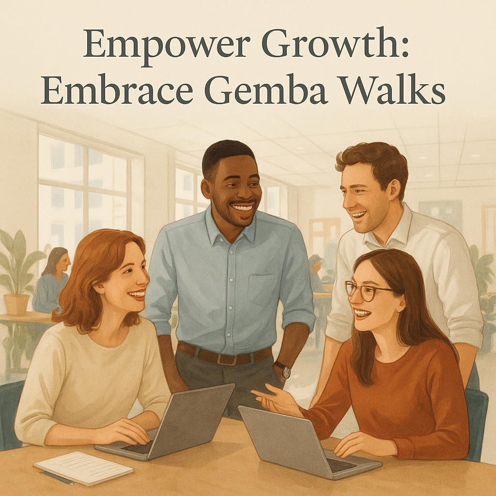 Employees engaged in a positive office setting, discussing ideas, representing the concept of Gemba Walks fostering continuous learning.