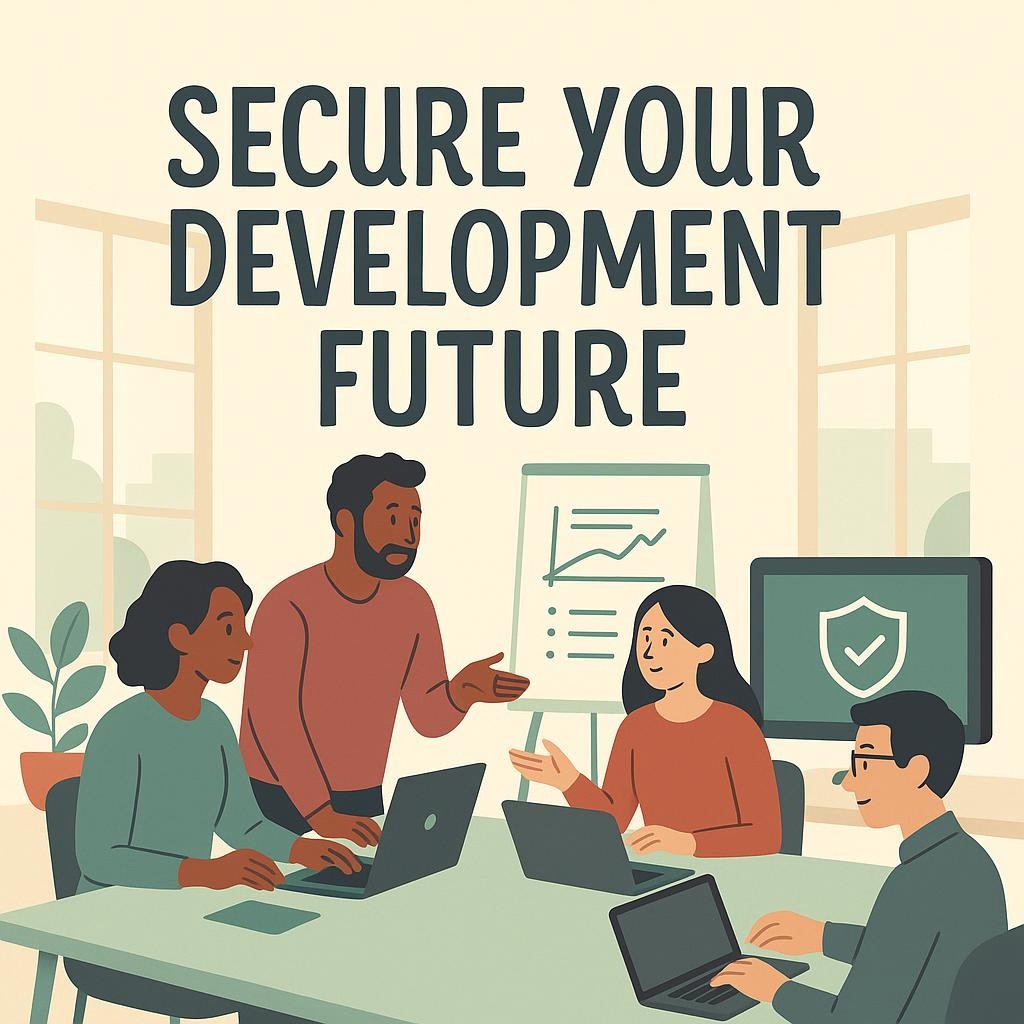 Diverse team in a modern office collaborating on cybersecurity integration in software development with soft daylight illuminating the workspace.