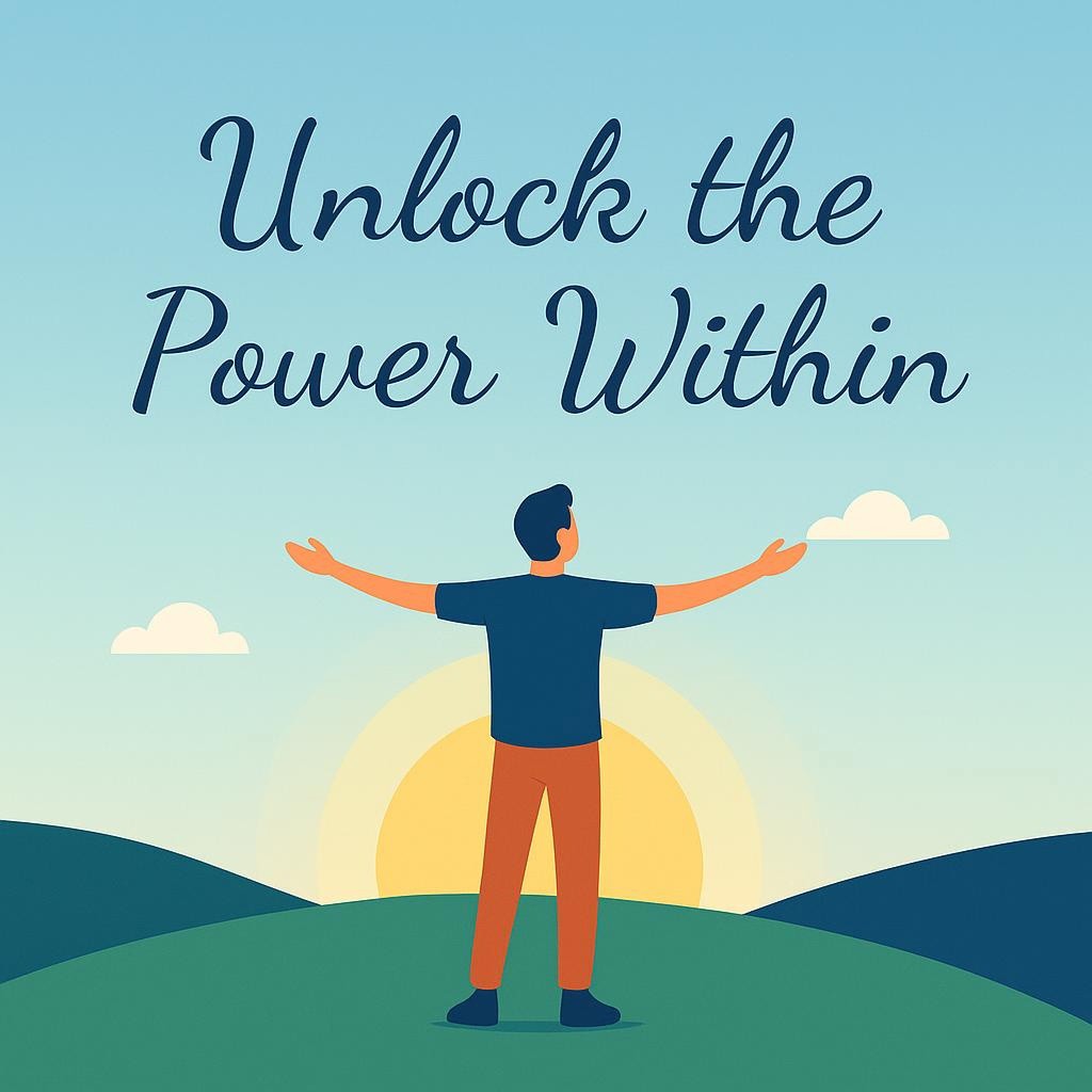 Illustration of a person standing confidently under a clear sky and rising sun, representing personal growth and subconscious reprogramming.