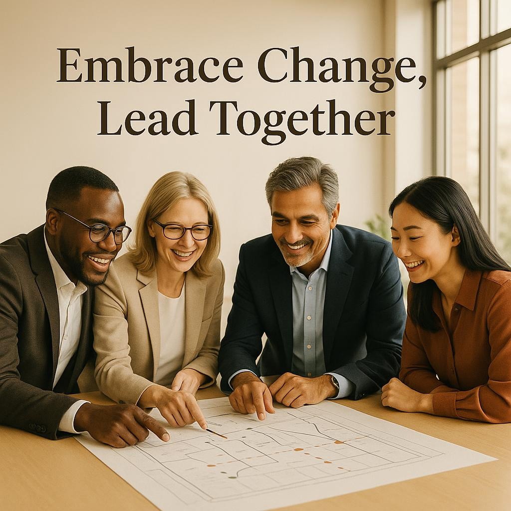 Business leaders gathered around a table, discussing Gemba Walk strategies in a modern office, symbolizing adaptability and collaboration.