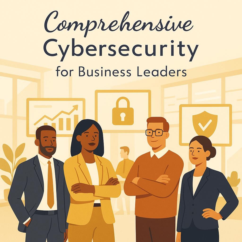 Business leaders and technology managers in a modern office with digital screens displaying cybersecurity symbols, promoting collaboration and strategic planning.