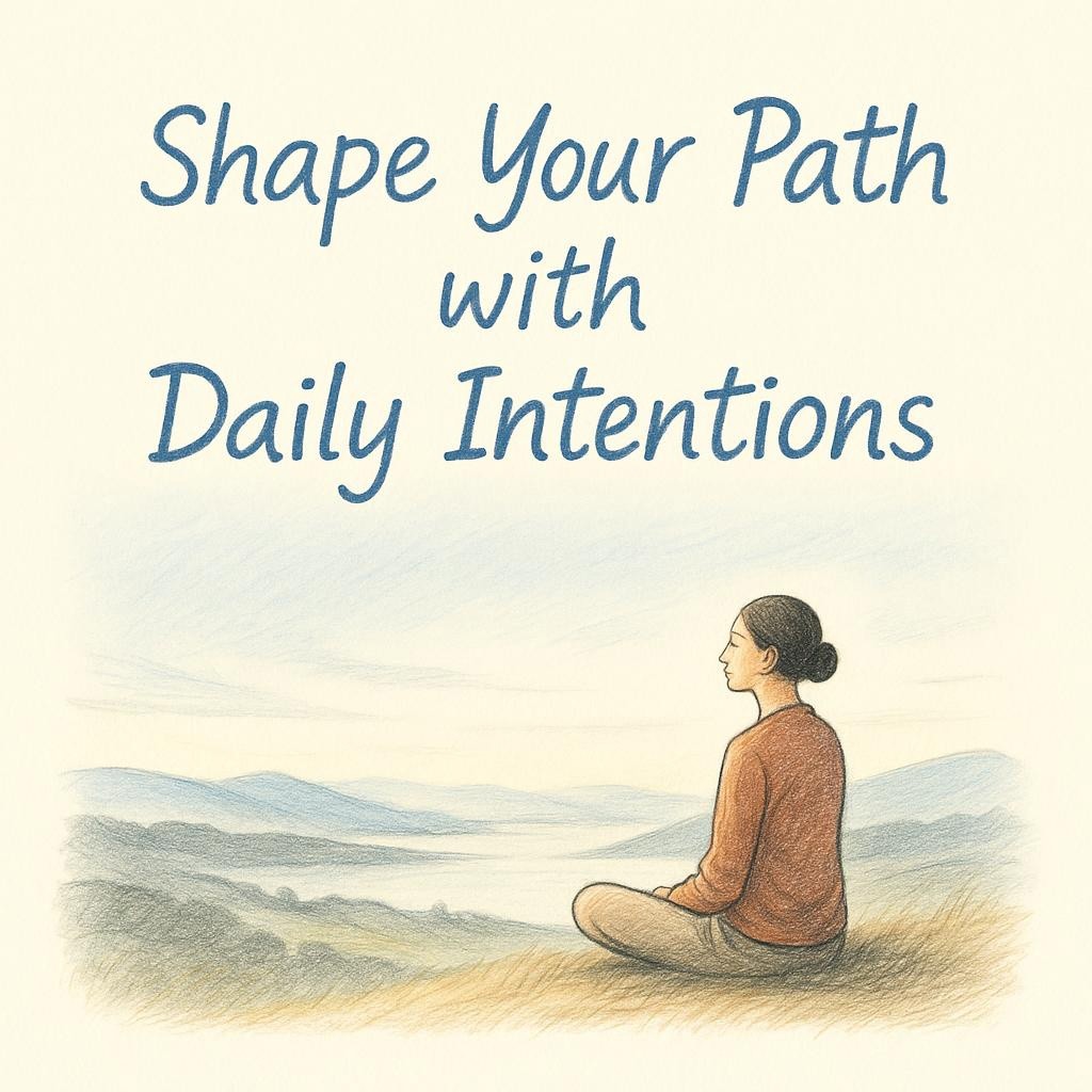 A person sitting on a hilltop during sunrise, reflecting on daily intentions for aligning actions with long-term goals, symbolizing personal growth and self-discovery.