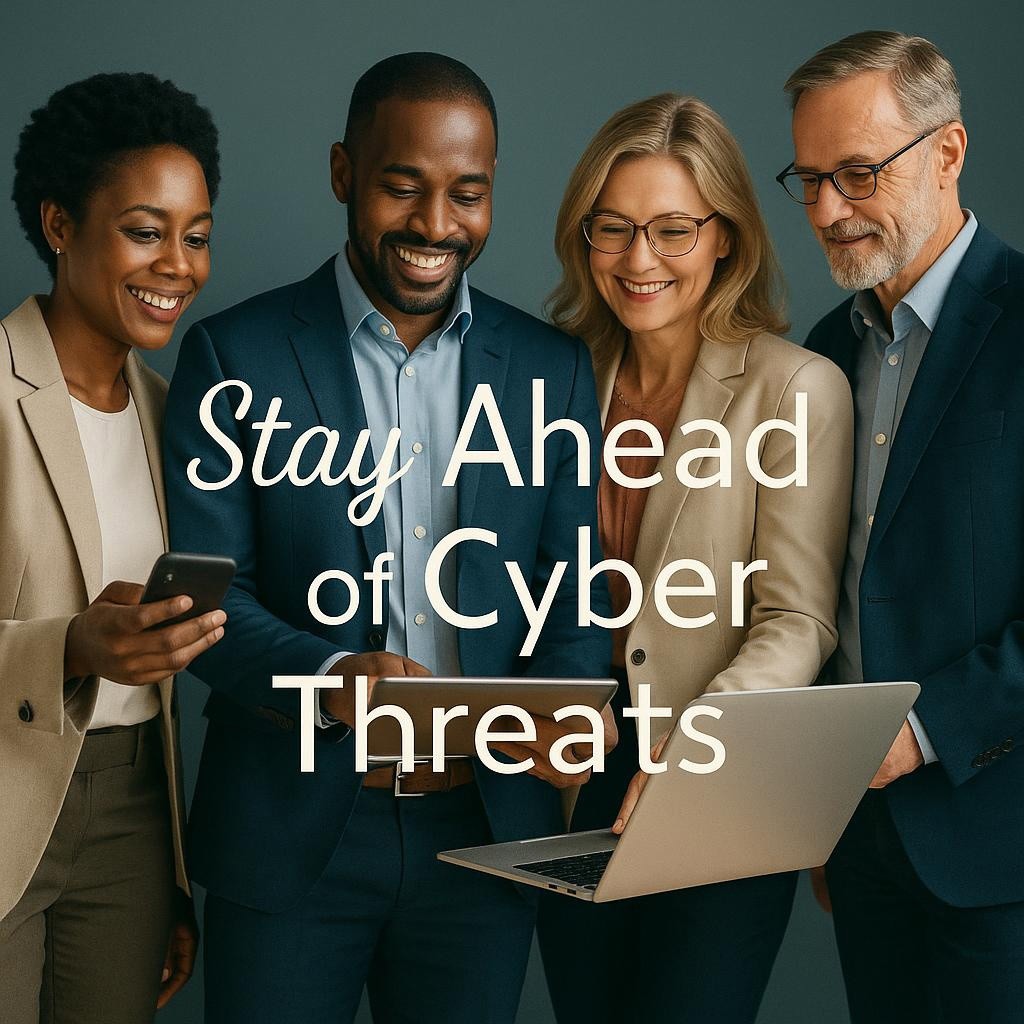 Business leaders discussing cybersecurity strategies, showcasing confidence and proactive measures in a professional setting against digital threats.