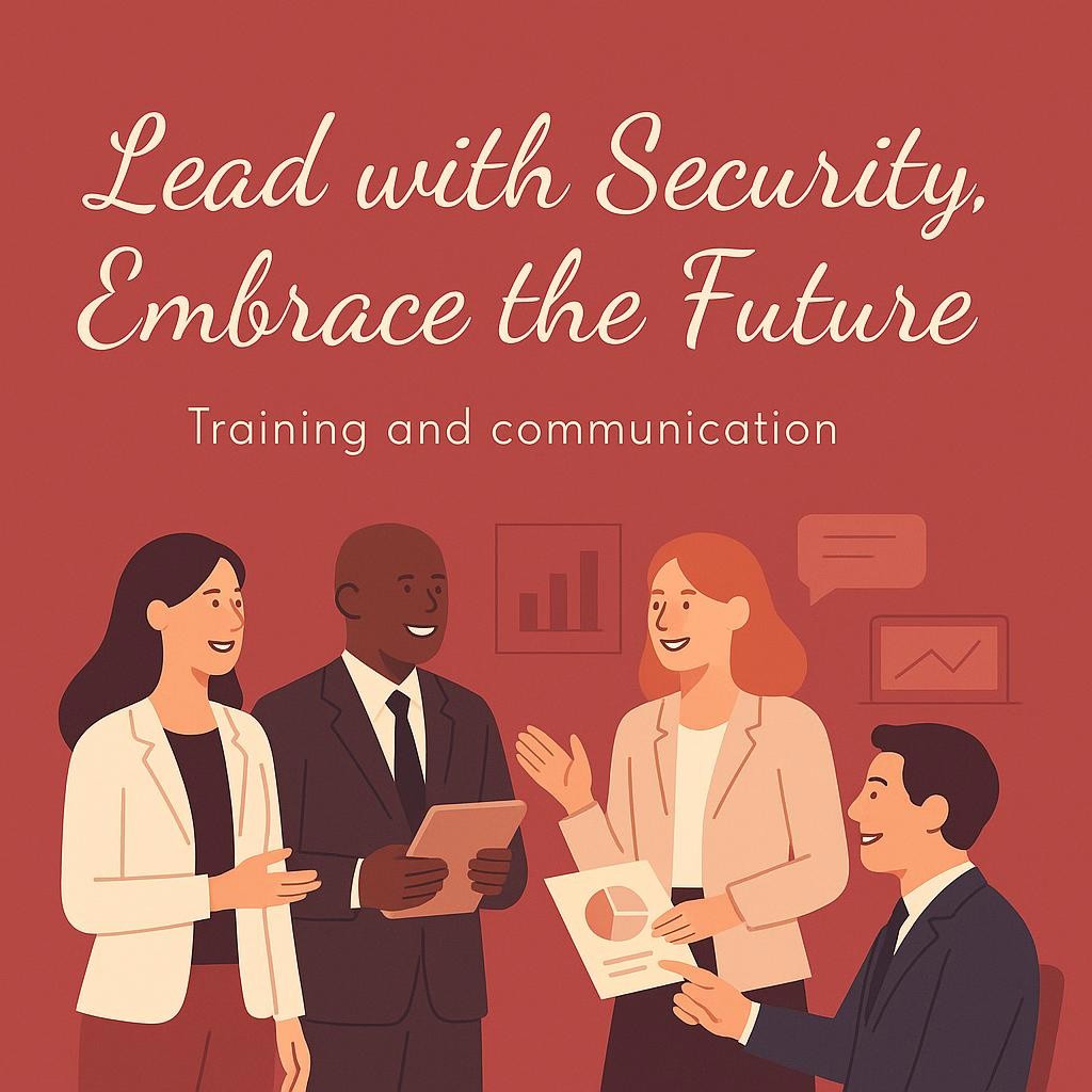 Business professionals in a positive and collaborative setting, emphasizing leadership's role in security culture with the text 'Lead with Security, Embrace the Future'.