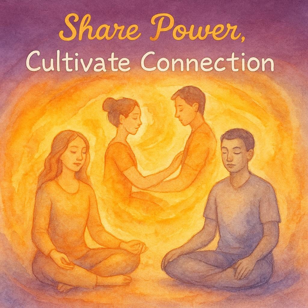 Watercolor sketch of the sacral chakra's harmonious balance, depicting figures in calm poses with flowing energy, highlighting personal power and interconnectedness.