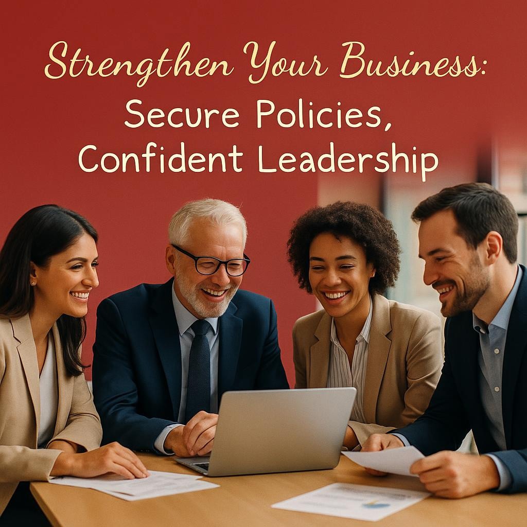 Business professionals in a modern office setting discussing strategic security policies, emphasizing leadership and collaboration for risk mitigation.