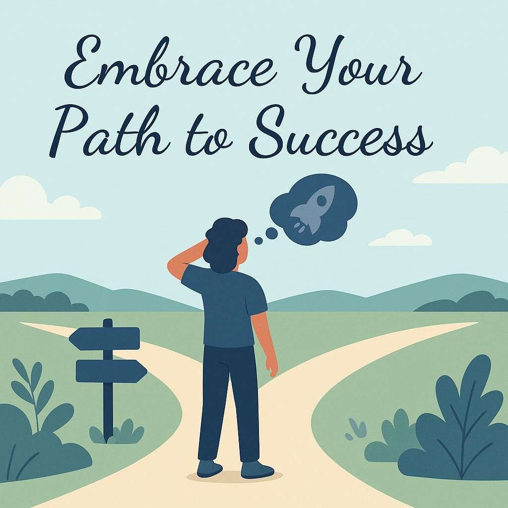 Illustration of a person at a crossroads against a serene landscape, representing decision-making and imagination for achieving goals.