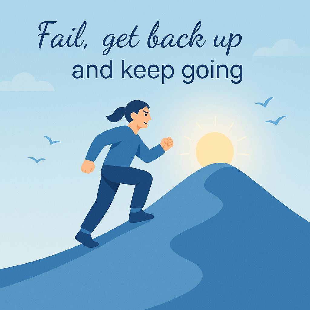Illustration of a person climbing a hill with determination, set against a soft blue sky, symbolizing resilience and the journey towards success.