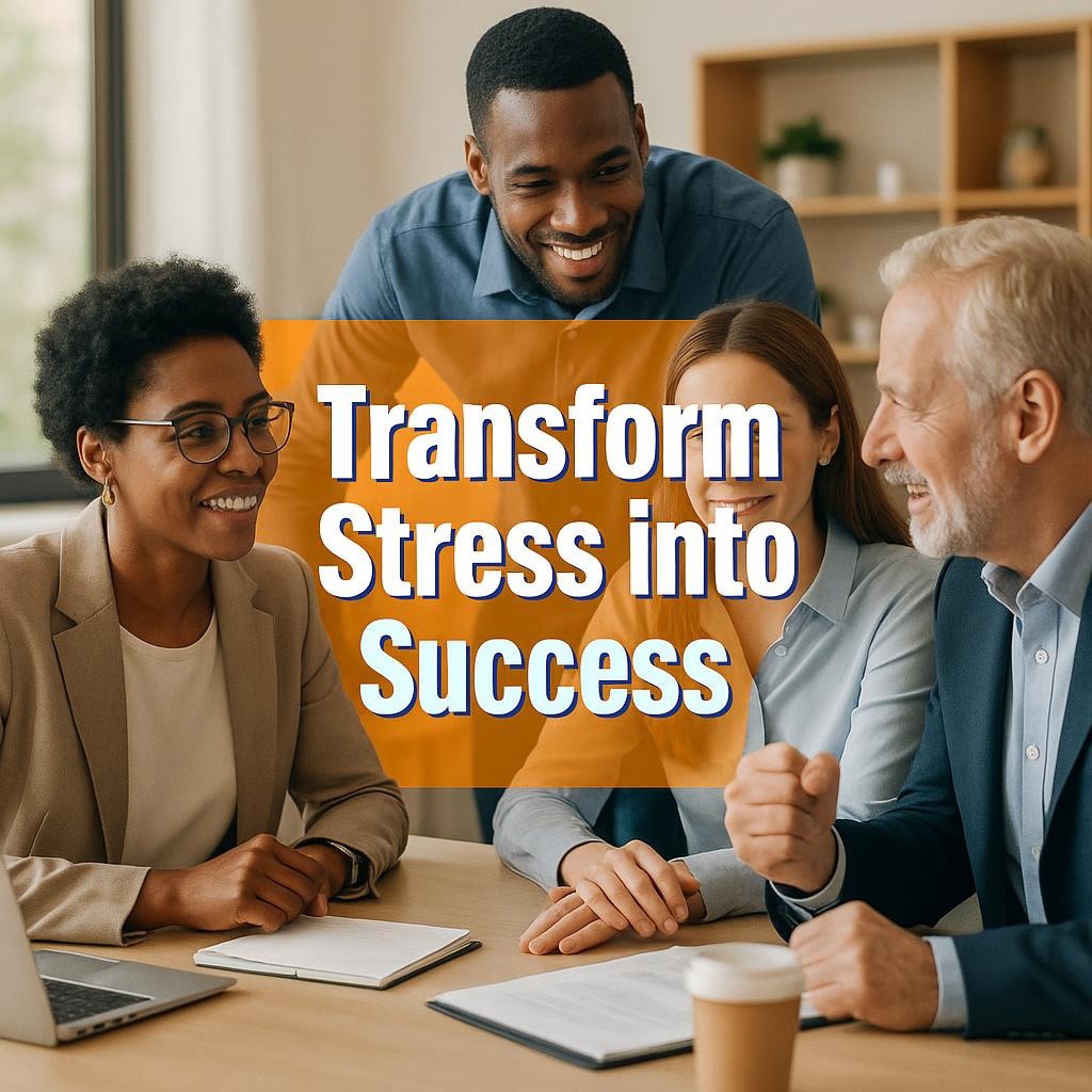Diverse group of professionals in a modern office, discussing with determination under soft lighting, representing the journey from stress to career success with the text 'Transform Stress into Success'.