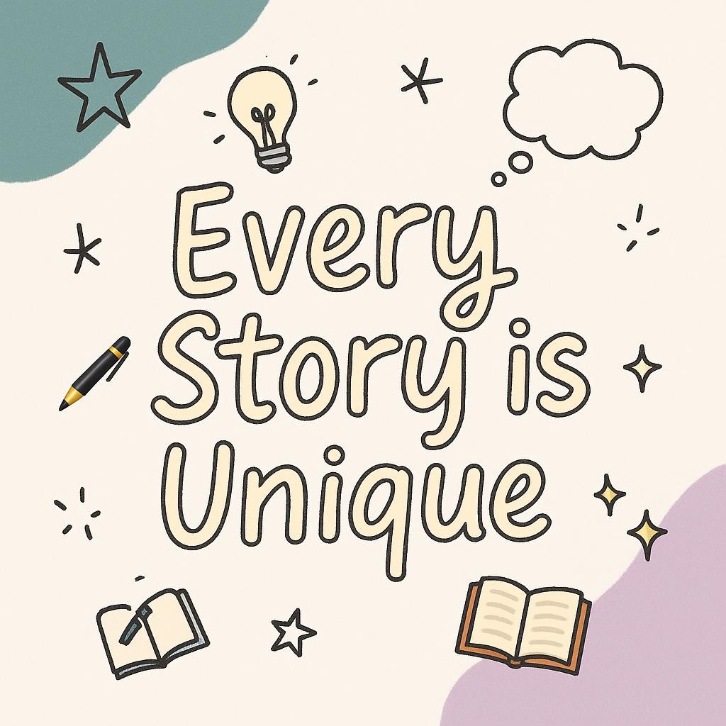 Image with doodles, emojis, and the phrase 'Every Story is Unique' on a soft teal and lavender background, representing unique storytelling for college essays.