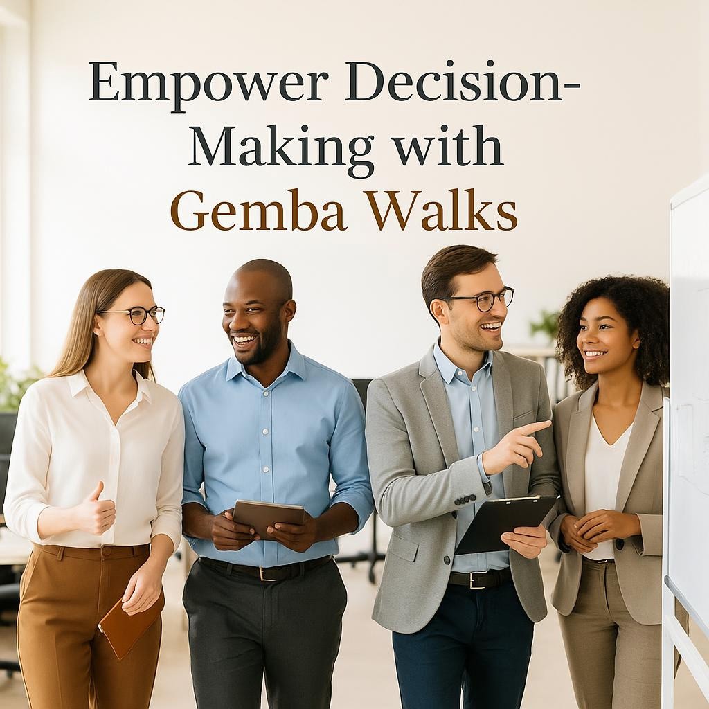 Office environment with professionals collaborating, highlighting the benefits of Gemba Walks for visibility and decision-making.