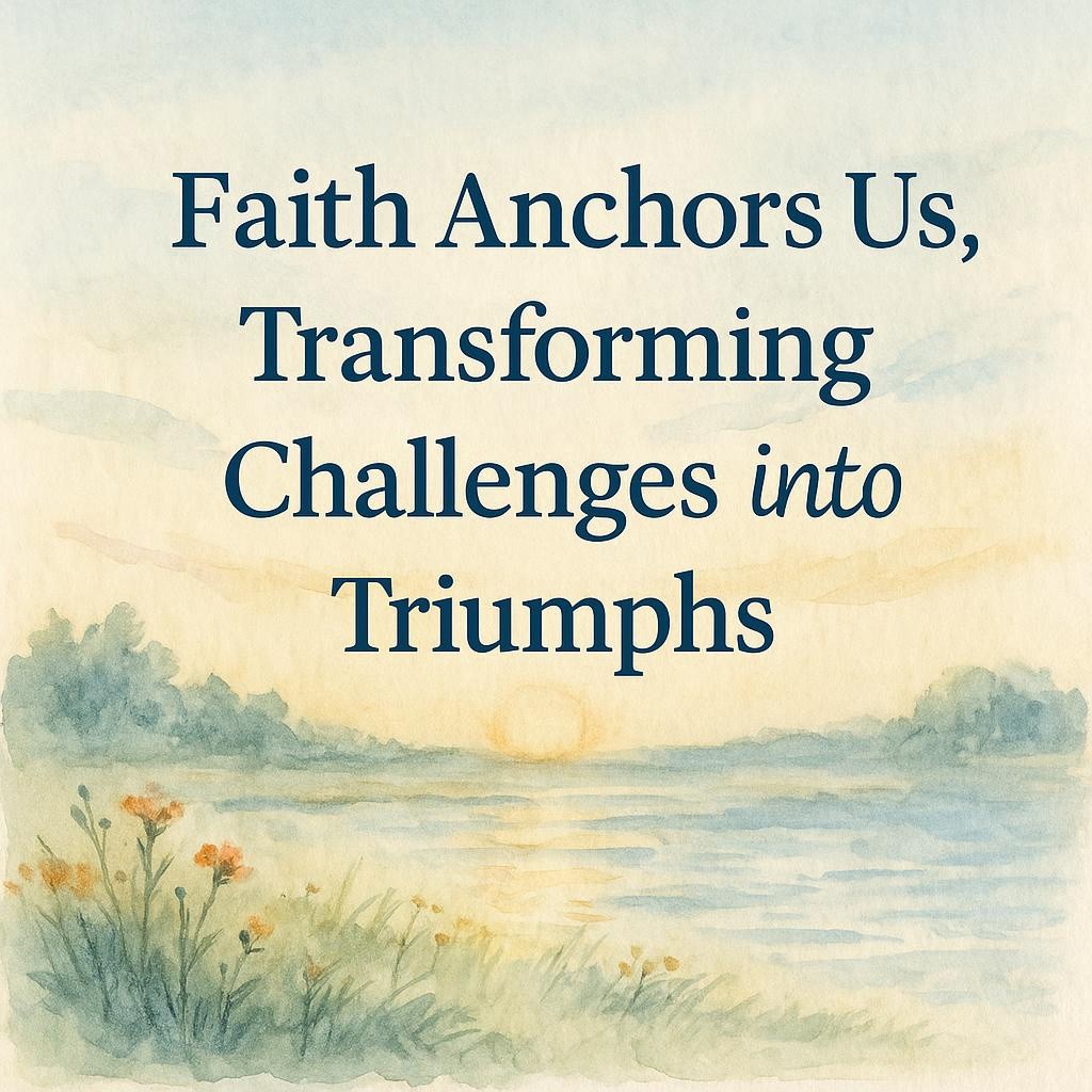 Watercolor landscape of sunrise over meadow with text: Faith Anchors Us, Transforming Challenges into Triumphs.