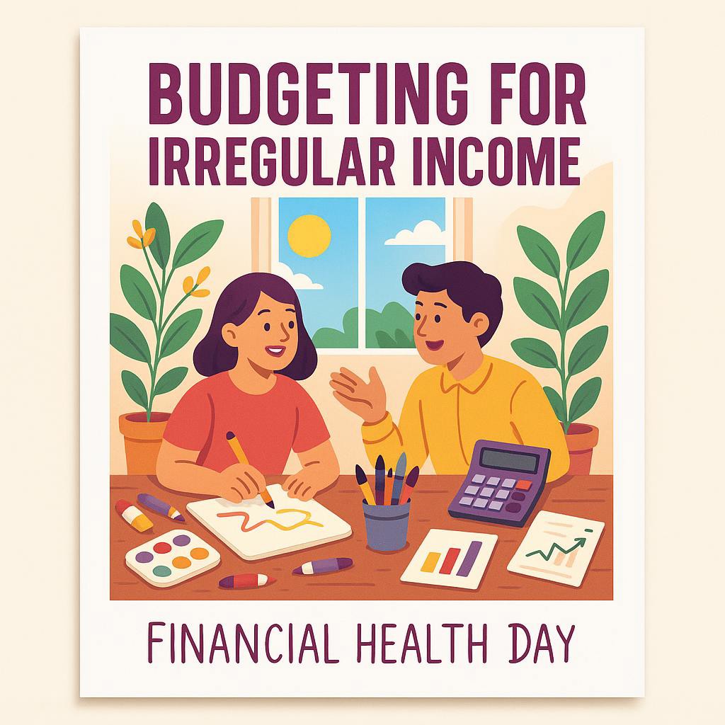 Illustration of a creative workspace with artists planning finances, surrounded by charts and symbols of growth, to depict financial planning and abundance.
