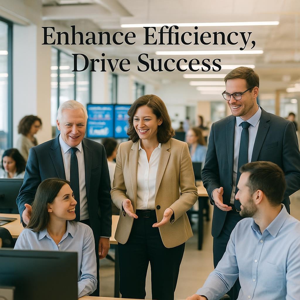 Business leaders participating in a Gemba Walk in a modern office, interacting with employees to identify inefficiencies and improve operational performance.