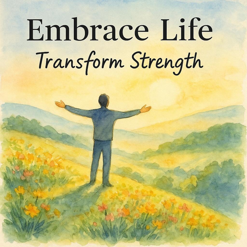 Watercolor sketch of a person on a sunlit hill with open arms, symbolizing growth and renewal. Surrounded by blooming nature, the scene conveys hope and transformation.