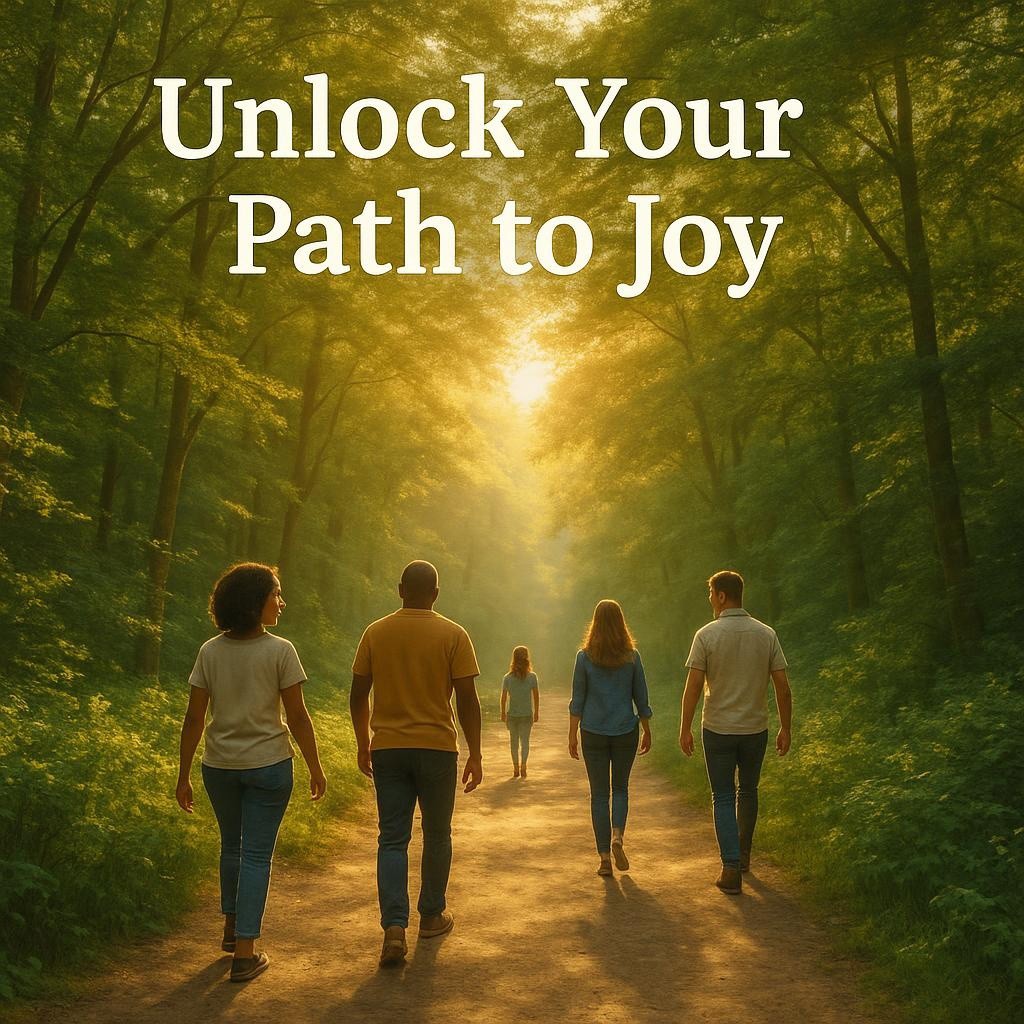 A sunlit path in a forest, with a diverse group of people walking, symbolizing the journey to joy and fulfillment.