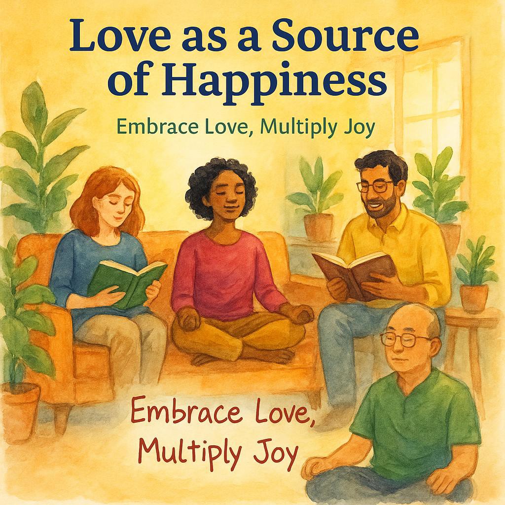 Watercolor image featuring a cozy, sunlit room with individuals expressing joy and connection; highlights love as a source of happiness and wellbeing.