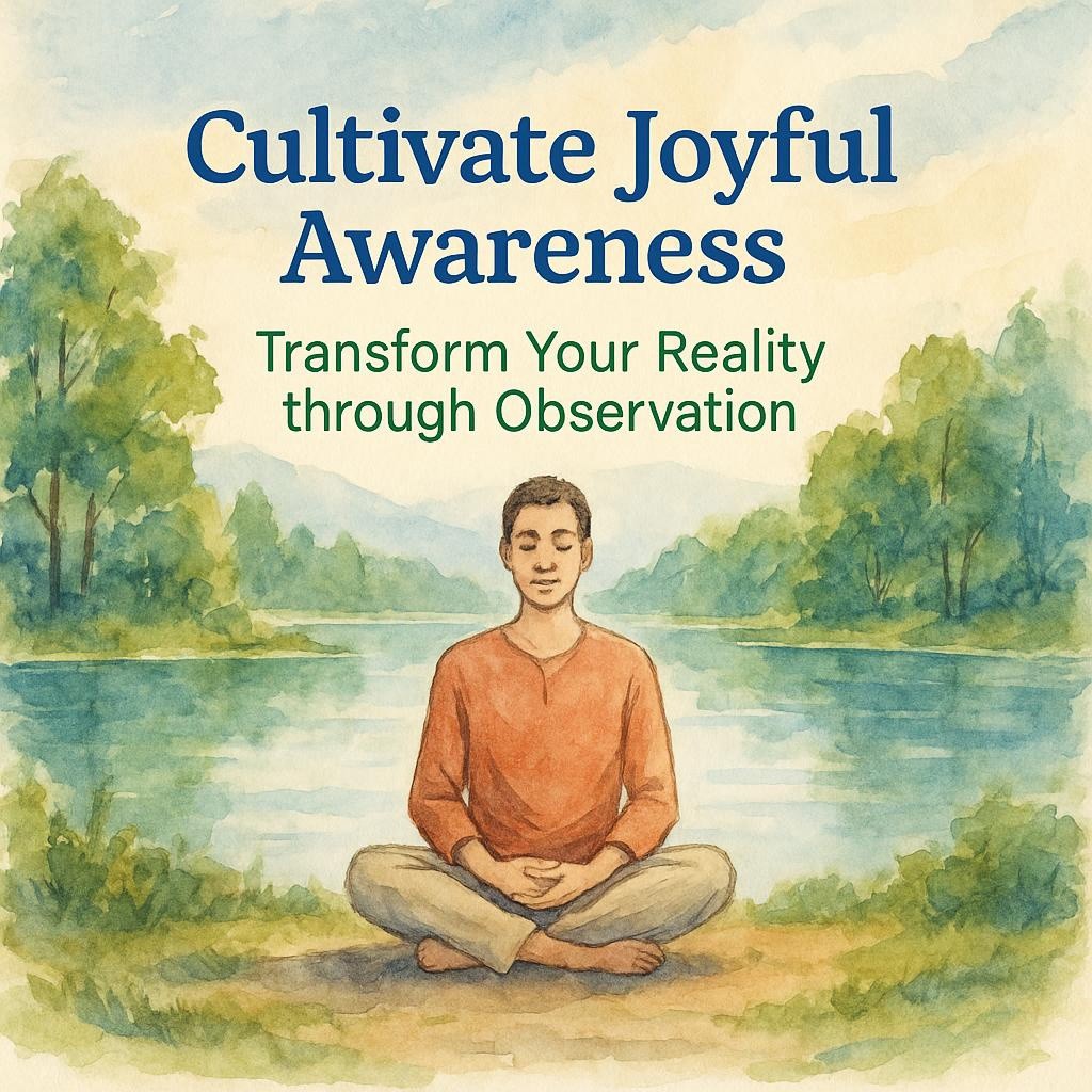 A person in meditation by a calm lake with green surroundings, embodying the theme of cultivating joyful awareness through observation.