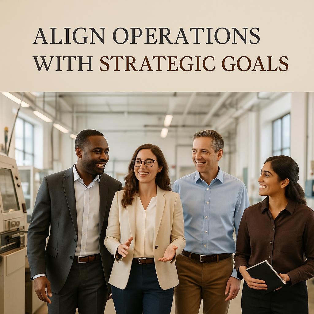 Business leaders and managers in a workspace conducting a Gemba Walk to align operations with strategic goals.