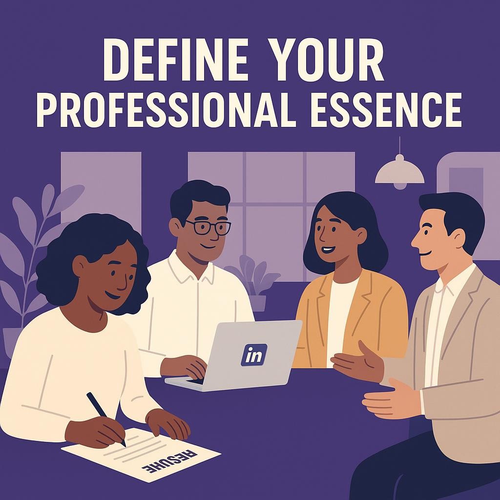 Illustration of diverse professionals building personal brands through resumes, LinkedIn, and elevator pitches in a modern office.