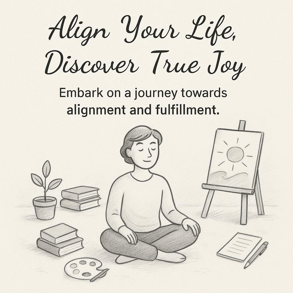 A person sits peacefully surrounded by symbols of growth, creativity, and knowledge in a serene setting, representing alignment with true desires and a joyful life.