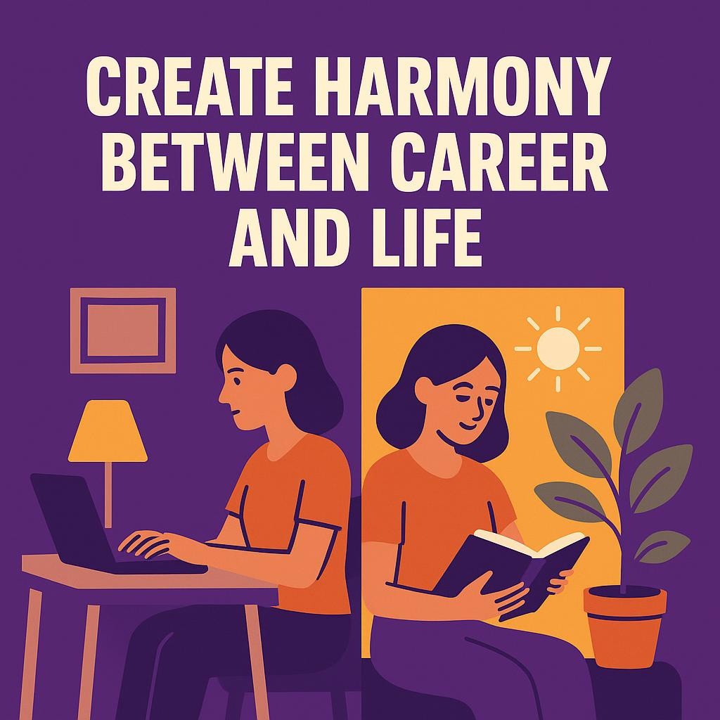 Illustration of a woman balancing work and leisure, depicting harmony between career and personal life in a serene home-office setting.