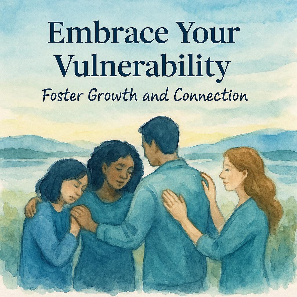 A watercolor sketch of a peaceful landscape with diverse people embracing vulnerability and connection symbolizing personal growth and healing.