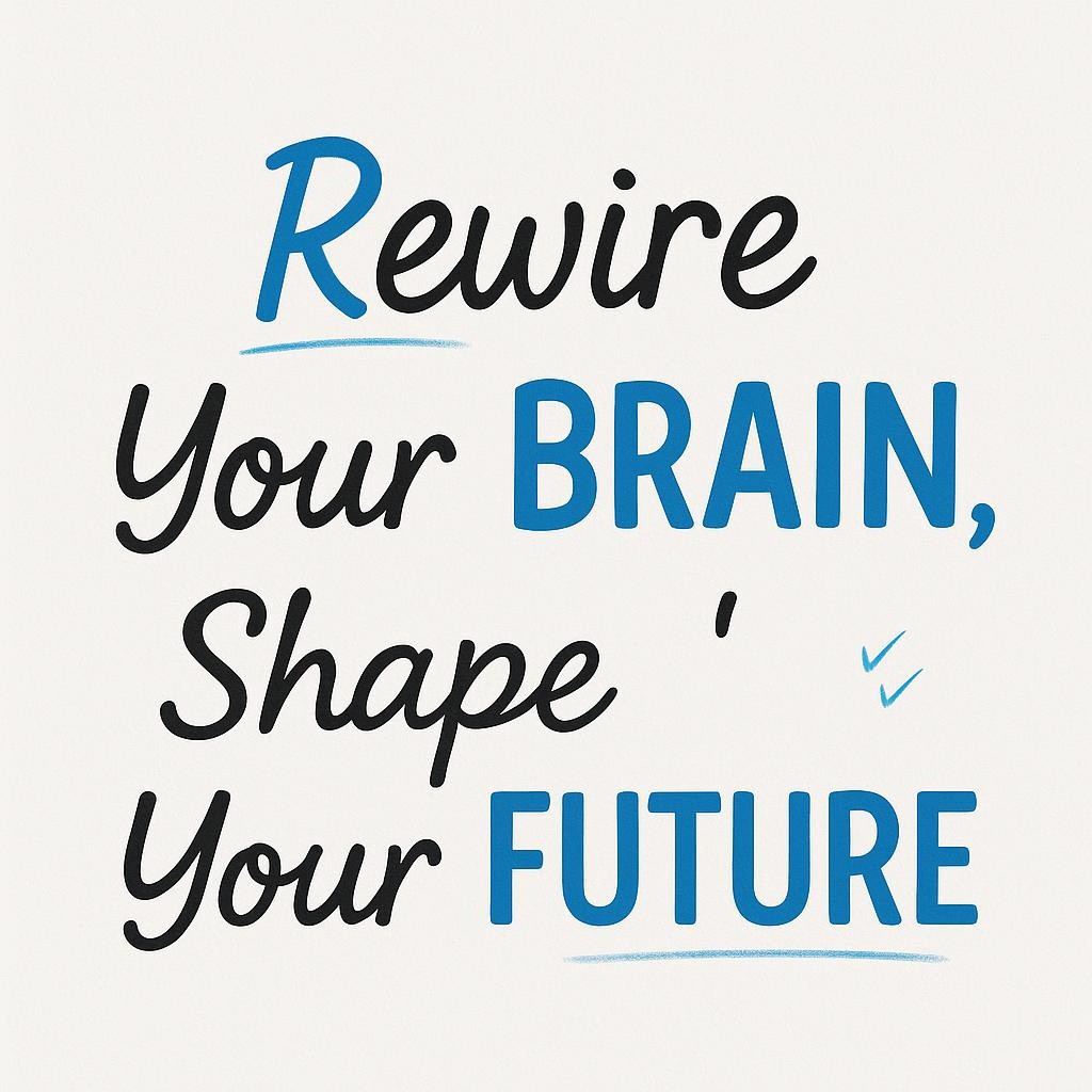 Typography poster on a white background reading Rewire Your Brain, Shape Your Future with blue highlights and soft shadows, conveying a hopeful neuroplasticity theme focused on mindset and personal growth.