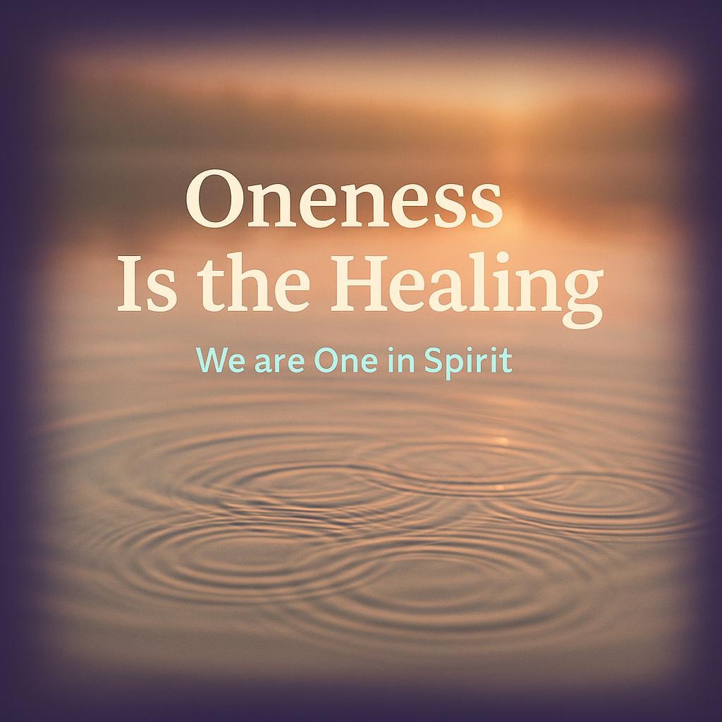 Dawn pond with merging ripples and centered bold text Oneness Is the Healing, conveying spiritual oneness, peace, and interconnectedness