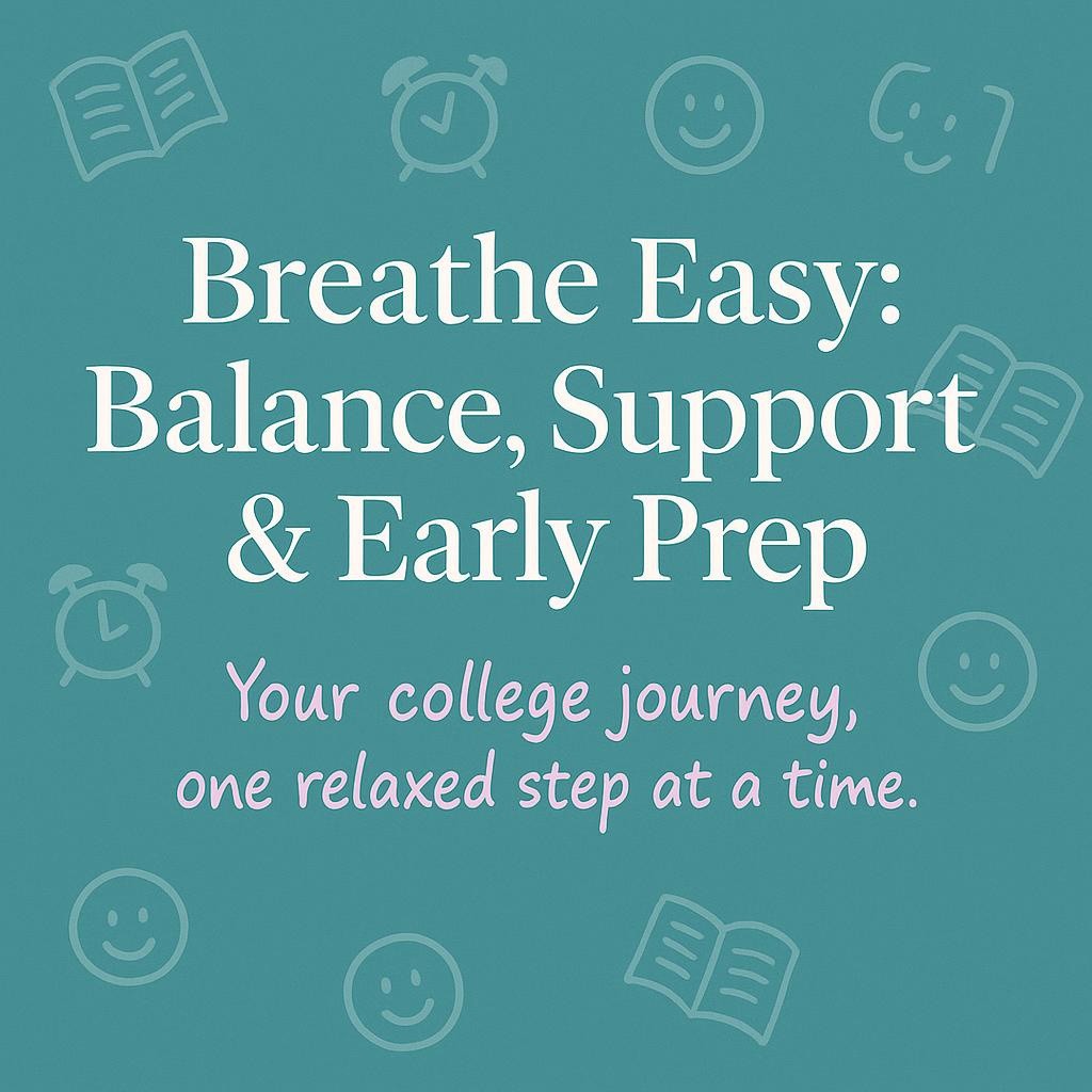 Illustrated image with doodles and emojis emphasizing balance, early preparation, and support in the college application process.