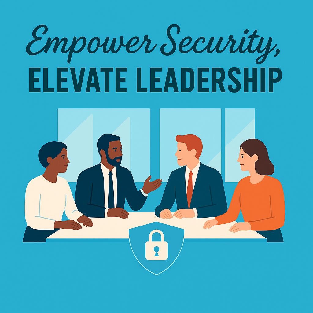 Business leaders and technology managers discussing cybersecurity strategies around a digital table, set in a brightly lit modern office.