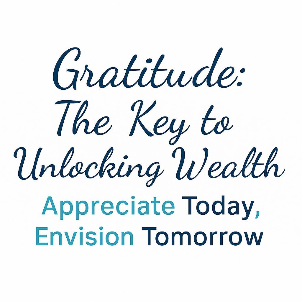 Text image reading 'Gratitude: The Key to Unlocking Wealth' on a white background, highlighting the connection between gratitude and financial growth.