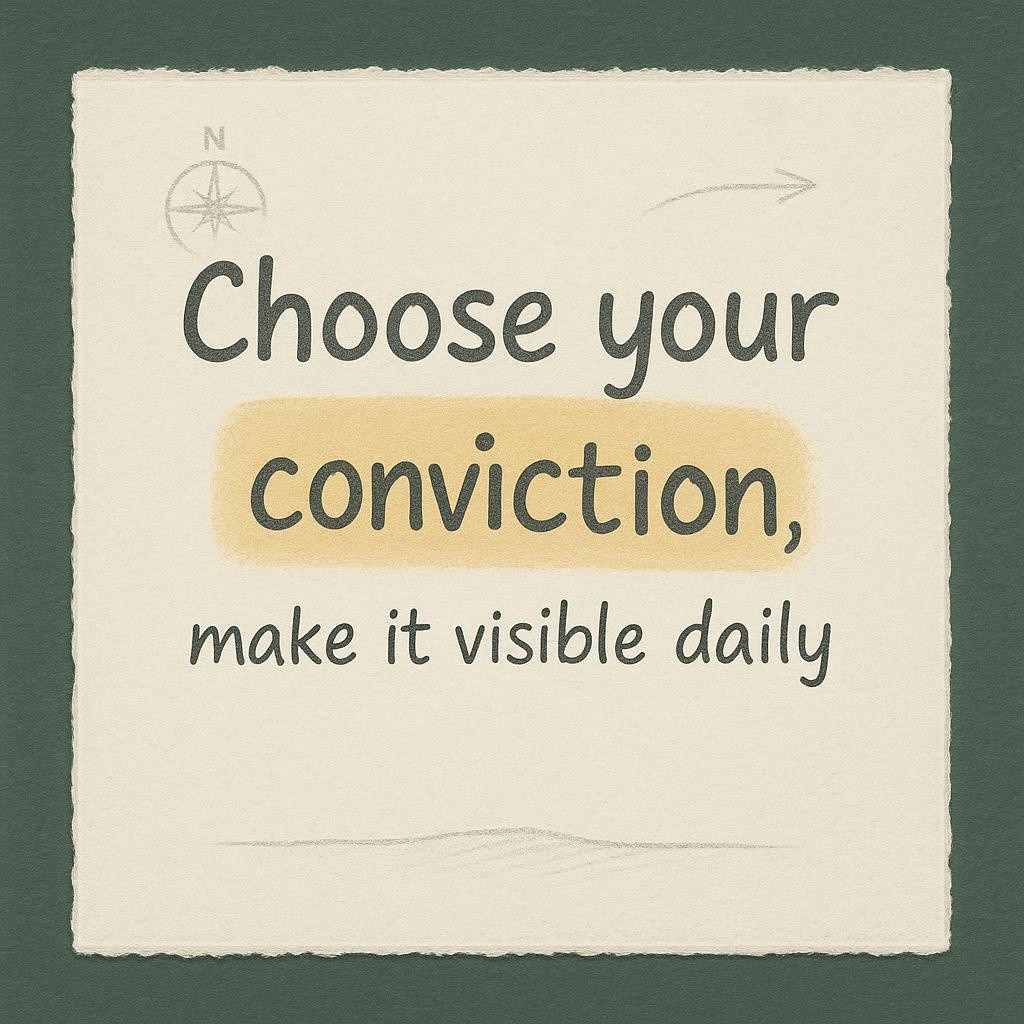 Typographic leadership vision poster on textured off‑white paper with pencil‑sketch details, warm yellow highlights, and a deep green border reading Choose your Vision and Lead with conviction, make it visible daily.