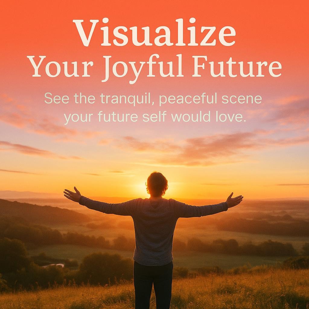 Person standing with open arms at sunrise, illustrating visualization and manifestation for a joyful future.