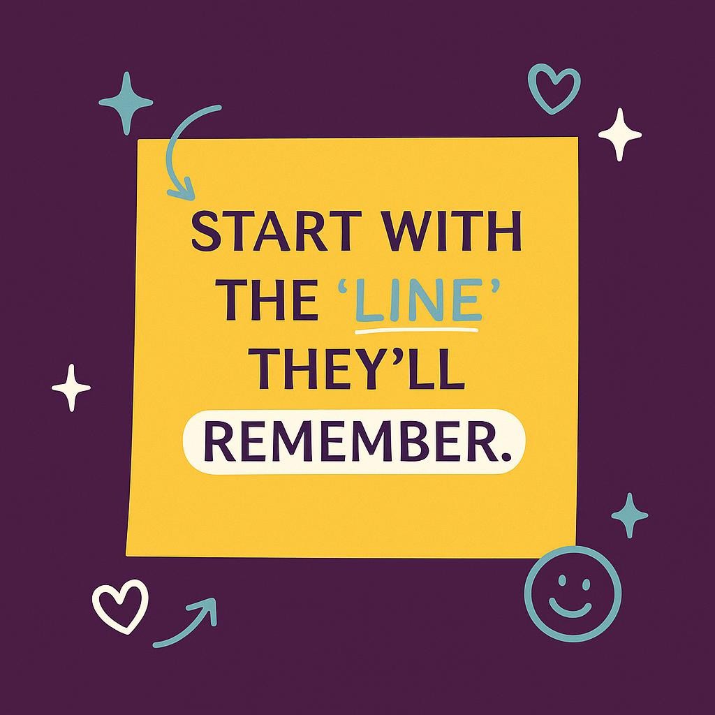 Bright yellow sticky note on deep plum background with playful star and heart doodles and the headline Start with the line they’ll remember, highlighting the power of direct speech and dialogue in college admissions essays.