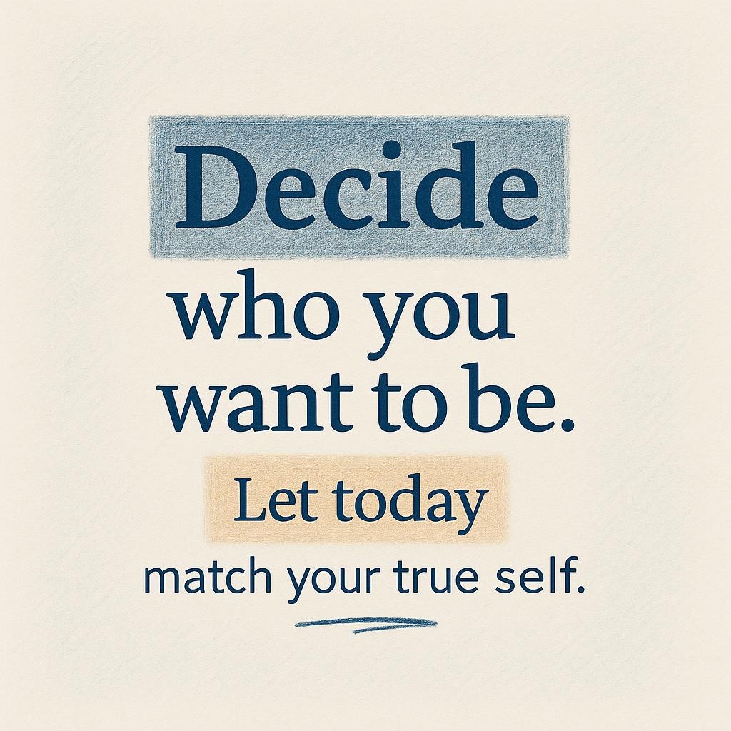 Typographic quote image in pencil sketch style on off white paper that reads Decide who you want to be and Let today match your true self, illustrating intentional goals and intentional living.