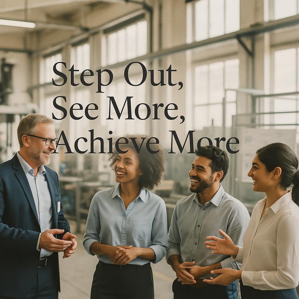 Business leaders in a modern workspace conducting a Gemba Walk, enhancing collaboration and aligning strategies with real-world operations.