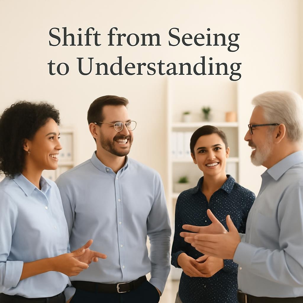 A diverse team discussing in an office, illustrating the leadership transformation through Gemba Walks, focusing on collaboration and process enhancement.