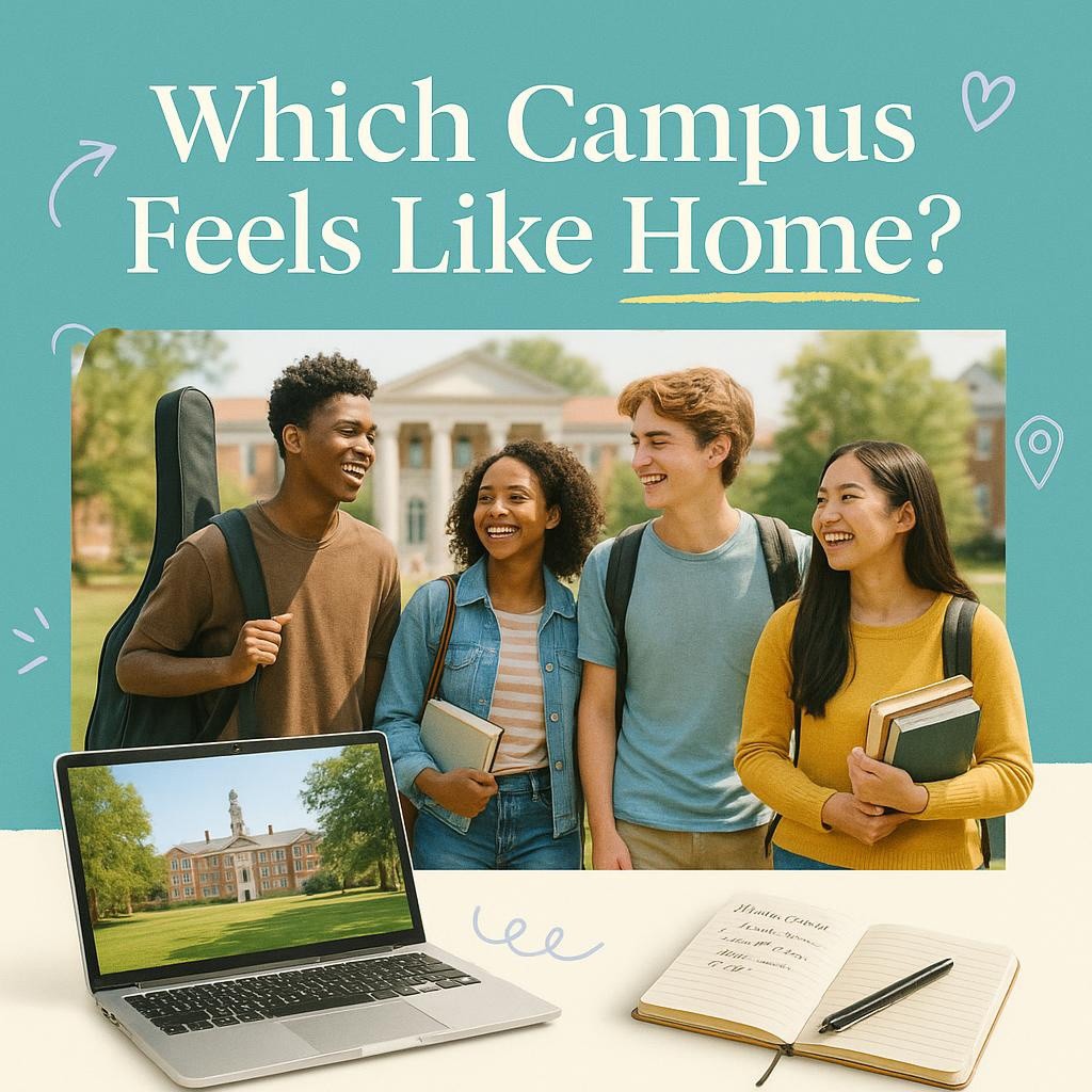 Diverse students on a college quad with a laptop showing a virtual campus tour and a notebook, visualizing in-person and virtual college tours that inspire authentic application essays