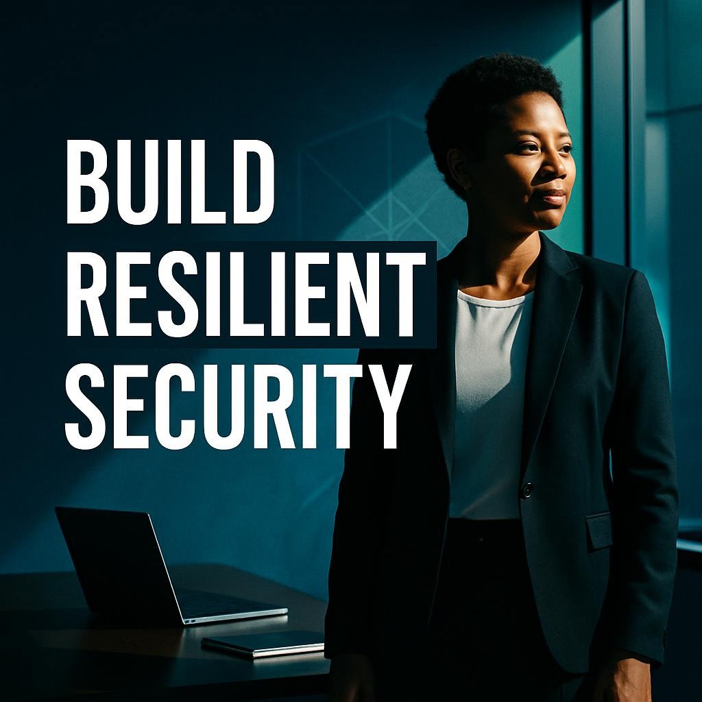 High contrast photo of a confident executive in a boardroom with dramatic lighting and a subtle shield silhouette, illustrating resilient security culture, rapid incident response, and layered cybersecurity strategy for business leaders.