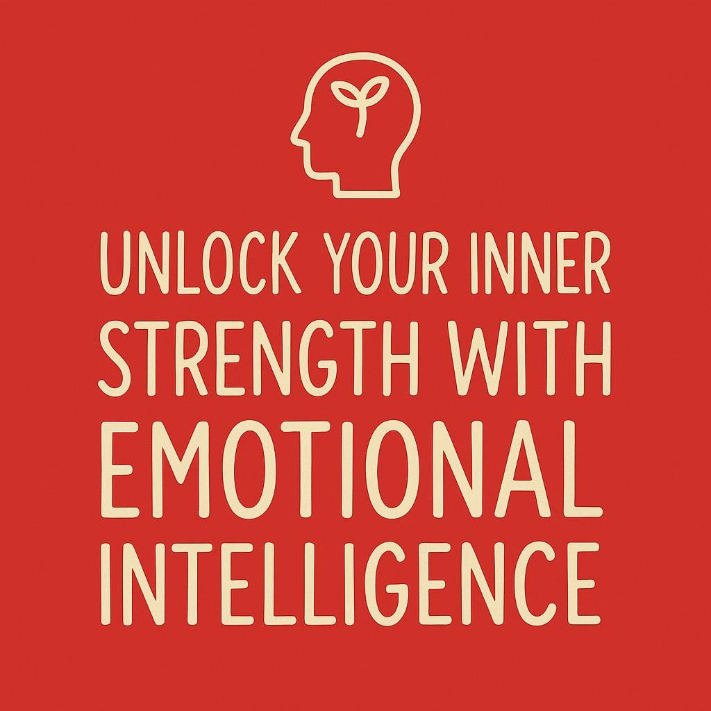 Image with the message "Unlock Your Inner Strength with Emotional Intelligence", set on a red background with minimalist line art, conveying resilience and growth.