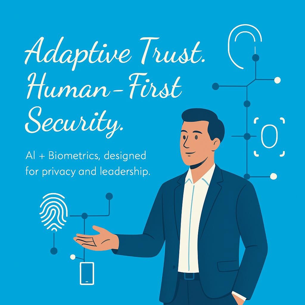 Hero image for a blog on adaptive authentication showing a business leader and biometric icons linked by AI nodes, with the headline Adaptive Trust. Human‑First Security., emphasizing privacy, leadership, and modern authentication methods.