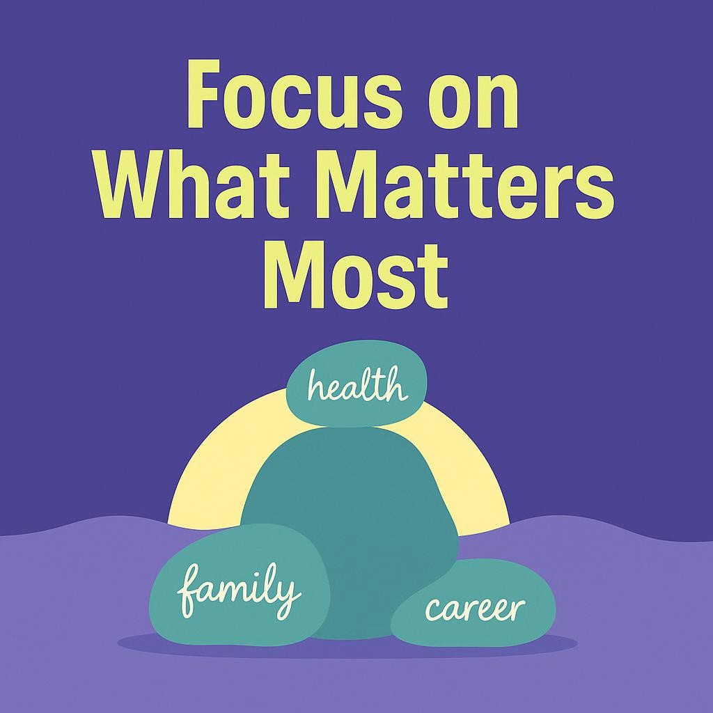 Illustration depicting Christine Carter's Priority Compass with 'big rocks' symbolizing health, family, and career against a calming background, embodying balance and prioritization.